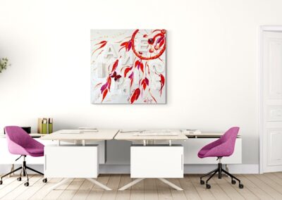 HAPPINESS by K-NY installed in a contemporary interior. The artwork introduces a calm yet energetic presence through floating forms, handwritten elements, and layered textures that encourage reflection and awareness.