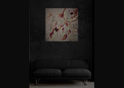 HAPPINESS by K-NY installed in a contemporary interior during evening light. The work moves between openness and activation, creating a subtle atmosphere of clarity, balance, and perceptual transition.