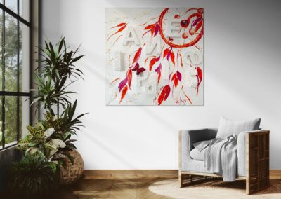 HAPPINESS by K-NY installed in a contemporary interior. The artwork introduces a calm yet energetic presence through floating forms, handwritten elements, and layered textures that encourage reflection and awareness.