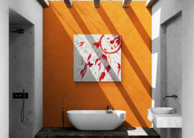 HAPPINESS by K-NY installed in a contemporary interior. The artwork introduces a calm yet energetic presence through floating forms, handwritten elements, and layered textures that encourage reflection and awareness.