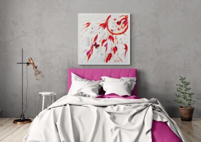 HAPPINESS by K-NY installed in a contemporary interior. The artwork introduces a calm yet energetic presence through floating forms, handwritten elements, and layered textures that encourage reflection and awareness.