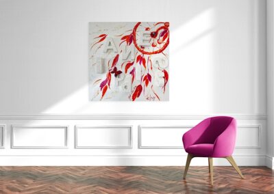 HAPPINESS by K-NY presented in a gallery setting. The work combines floating letters, handwritten elements, and a dreamcatcher-inspired structure within a composition that explores happiness as a conscious internal state.