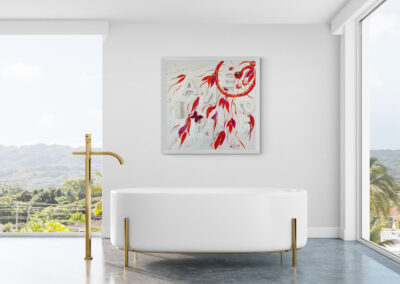 HAPPINESS by K-NY installed in a contemporary interior. The artwork introduces a calm yet energetic presence through floating forms, handwritten elements, and layered textures that encourage reflection and awareness.