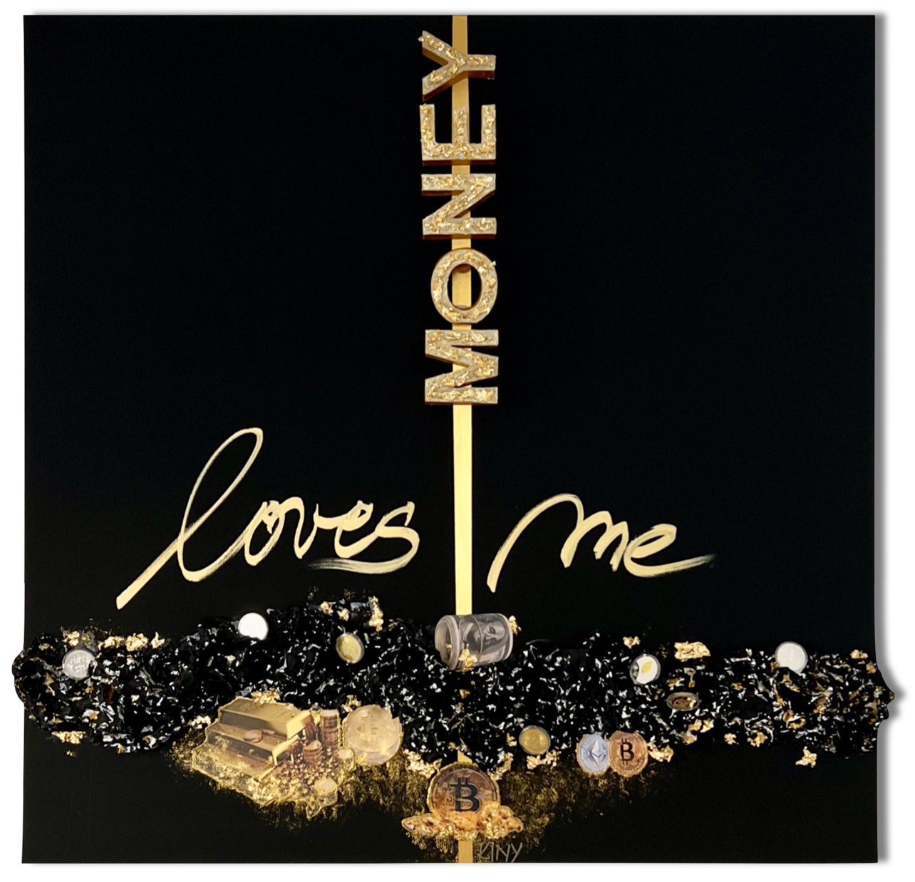 Contemporary mixed-media artwork “MONEY LOVES ME” by K-NY — bold typographic composition with sculptural 3D elements, vibrant color contrasts and hidden photoluminescent details that transform from day to night, exploring wealth, attraction and perception.