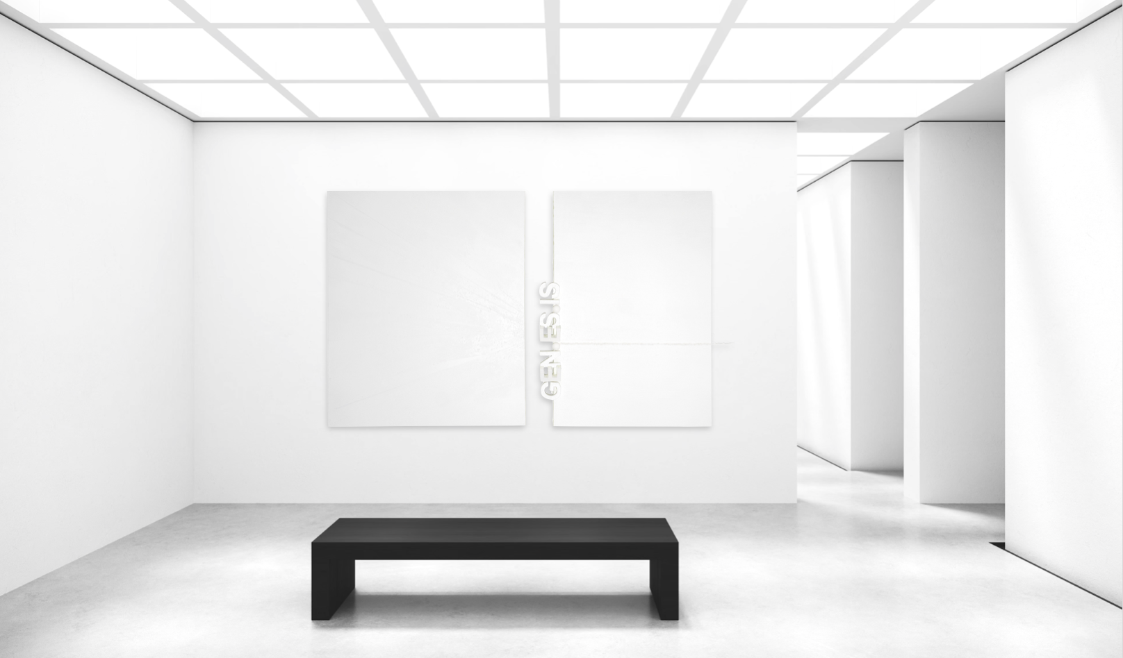 Installation view of PAGE ZERO by K-NY displayed in a minimal architectural space, showing the diptych with central gap and horizontal salt line defining spatial structure and presence.