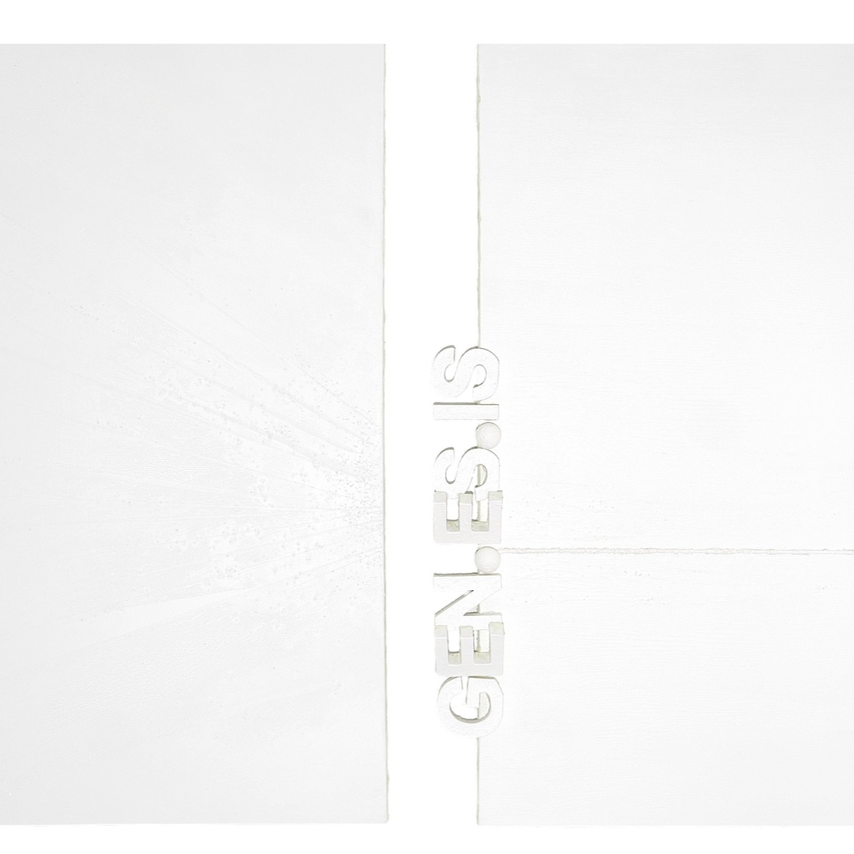 PAGE ZERO by Kiéra Nagy (K-NY) in daylight. Minimalist diptych in pure white with architectural precision. A vertical central gap defines the structure; GEN.ES.IS appears as a subtle spatial element above the division. Matte surfaces, reduced composition, and controlled balance emphasize the origin state of the work.