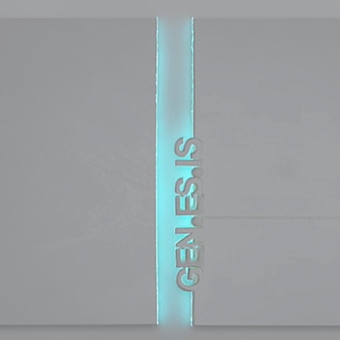 PAGE ZERO by Kiéra Nagy (K-NY) in evening light. The diptych begins to shift from pure structure to atmosphere. The central gap gains depth, and the composition moves into a transitional state between visibility and activation. Light softens the surfaces, preparing the emergence of the night dimension.