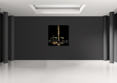 “MONEY LOVES ME” by K-NY installed in a contemporary interior — mixed-media artwork with sculptural 3D elements, gold and cryptocurrency materials, and photoluminescent details that shift from day presence to night illumination, activating the surrounding space.
