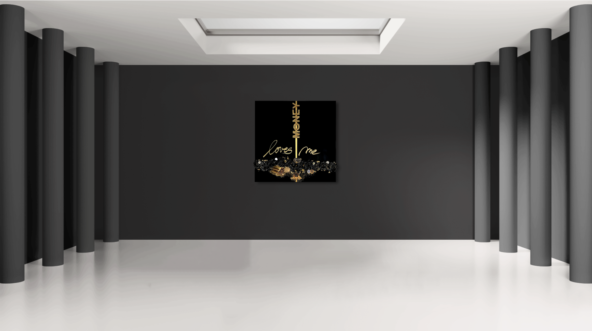 “MONEY LOVES ME” by K-NY installed in a contemporary interior — mixed-media artwork with sculptural 3D elements, gold and cryptocurrency materials, and photoluminescent details that shift from day presence to night illumination, activating the surrounding space.