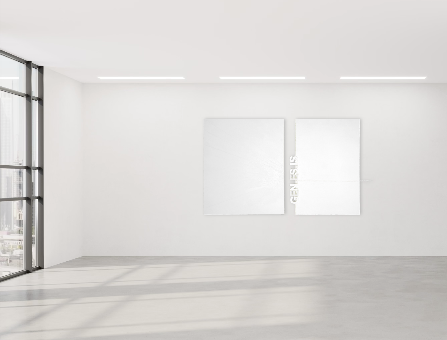 PAGE ZERO by Kiéra Nagy (K-NY) placed within a refined interior. The diptych interacts with the surrounding space, extending beyond the canvas through its central light axis. Materials, surface, and proportion create a calm but dominant presence. The work functions as a spatial anchor, shaping atmosphere and perception within the room.