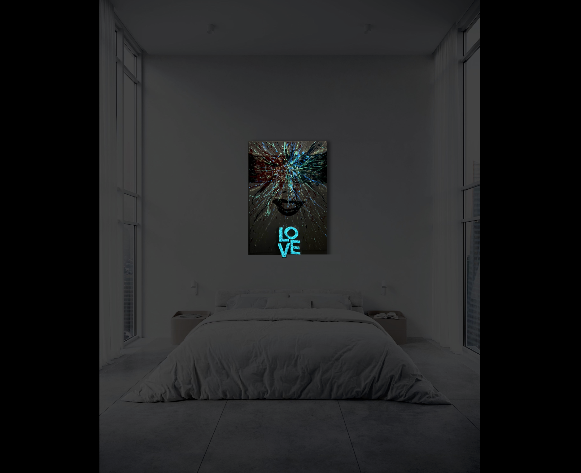 FREE LOVE by K-NY — photoluminescent conceptual artwork activated in darkness, dual-spectrum composition revealing structural light within spatial context