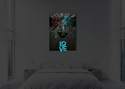 FREE LOVE by K-NY — photoluminescent conceptual artwork activated in darkness, dual-spectrum composition revealing structural light within spatial context