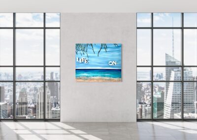 LIFE ON by K-NY — photoluminescent conceptual artwork in spatial context, dual-spectrum composition interacting with light and architecture