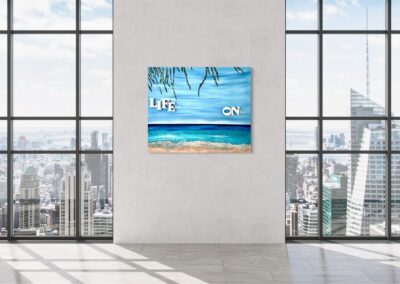 LIFE ON by K-NY — photoluminescent conceptual artwork in spatial context, dual-spectrum composition interacting with light and architecture