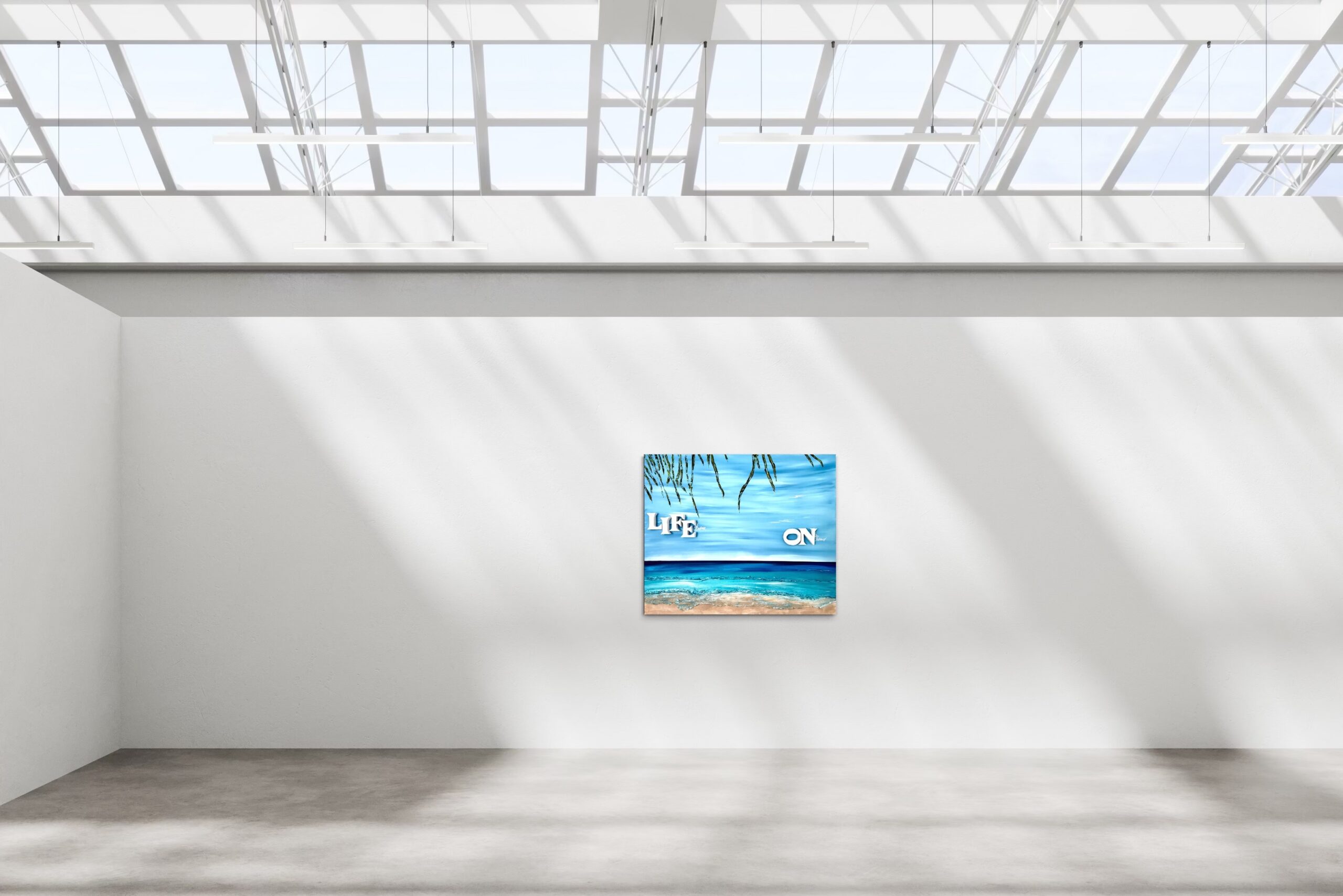 LIFE ON by K-NY — photoluminescent conceptual artwork in spatial context, dual-spectrum composition interacting with light and architecture