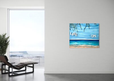 LIFE ON by K-NY — photoluminescent conceptual artwork in spatial context, dual-spectrum composition interacting with light and architecture