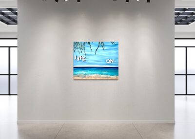 LIFE ON by K-NY — photoluminescent conceptual artwork in spatial context, dual-spectrum composition interacting with light and architecture