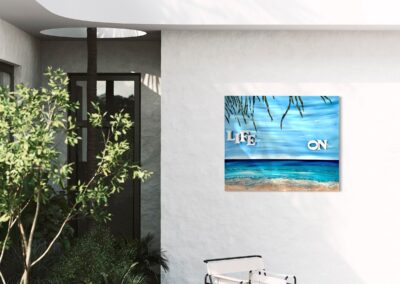 LIFE ON by K-NY — photoluminescent conceptual artwork in spatial context, dual-spectrum composition interacting with light and architecture