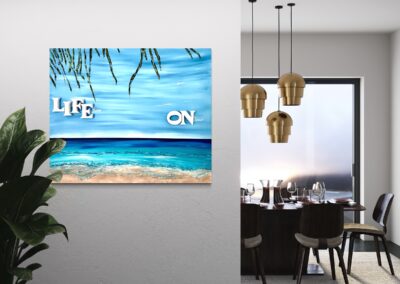 LIFE ON by K-NY — photoluminescent conceptual artwork in spatial context, dual-spectrum composition interacting with light and architecture