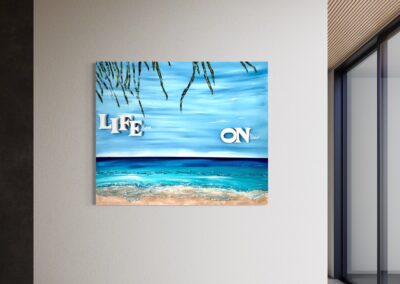 LIFE ON by K-NY — photoluminescent conceptual artwork in spatial context, dual-spectrum composition interacting with light and architecture