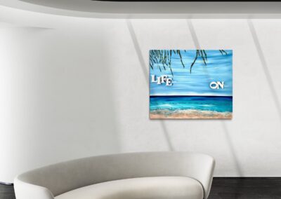 LIFE ON by K-NY — photoluminescent conceptual artwork in spatial context, dual-spectrum composition interacting with light and architecture