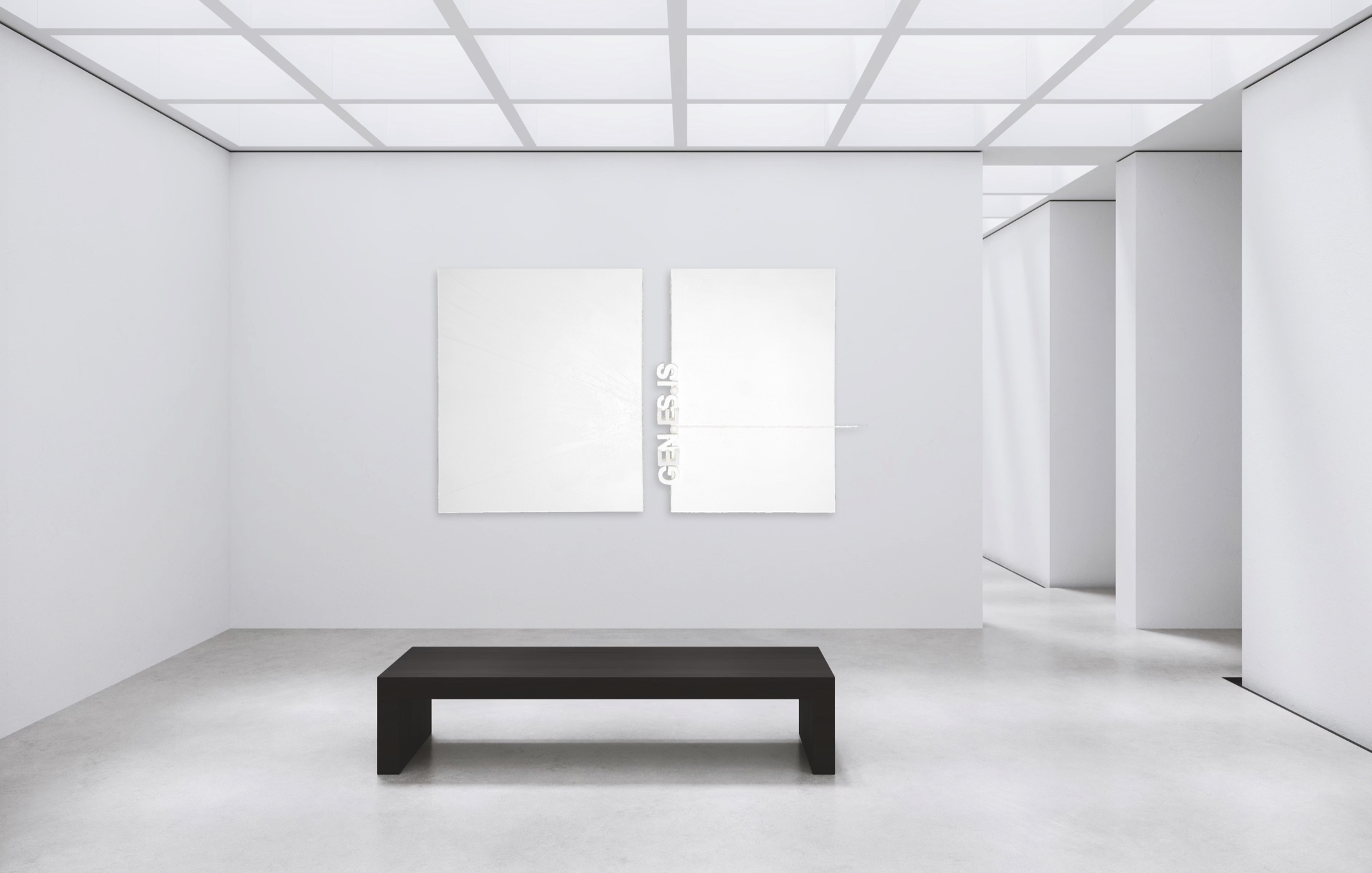 PAGE ZERO by K-NY — photoluminescent conceptual artwork in spatial context, dual-spectrum composition interacting with light and architecture