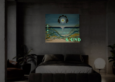 IBIZA SOUND by K-NY displayed in an industrial-modern bedroom. As daylight fades into evening and night, the artwork transforms with the changing light, creating a calm and immersive living atmosphere inspired by music, freedom, and contemporary living.