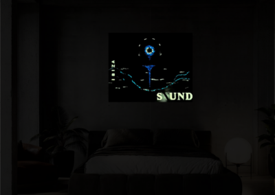 IBIZA SOUND by K-NY displayed in an industrial-modern bedroom. As daylight fades into evening and night, the artwork transforms with the changing light, creating a calm and immersive living atmosphere inspired by music, freedom, and contemporary living.
