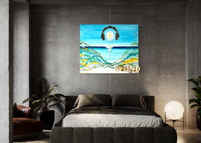 IBIZA SOUND by K-NY displayed in an industrial-modern bedroom. As daylight fades into evening and night, the artwork transforms with the changing light, creating a calm and immersive living atmosphere inspired by music, freedom, and contemporary living.
