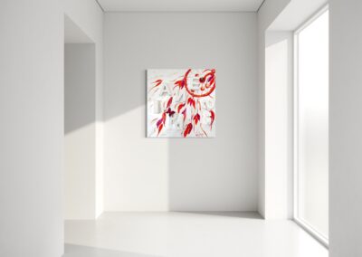 Gallery presentation of HAPPINESS by K-NY from the INNER FIRE cluster. The artwork explores conscious aliveness, lightness and inner clarity through a layered composition of acrylic, collage, photoluminescent pigments and three-dimensional mixed-media elements. Part of the K-NY Architecture of Perception, the work transforms between day and night, revealing a hidden nocturnal dimension.