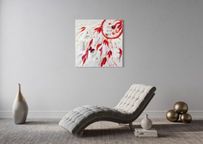 HAPPINESS by K-NY installed in a contemporary interior. A mixed-media artwork from the INNER FIRE cluster exploring joy as an internal state rather than an external event. The composition combines layered textures, handwritten elements and subtle three-dimensional structures. By day, the work appears light, open and atmospheric; by night, photoluminescent elements reveal a second perceptual reality.