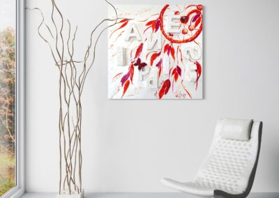 HAPPINESS by K-NY installed in a contemporary interior. A mixed-media artwork from the INNER FIRE cluster exploring joy as an internal state rather than an external event. The composition combines layered textures, handwritten elements and subtle three-dimensional structures. By day, the work appears light, open and atmospheric; by night, photoluminescent elements reveal a second perceptual reality.