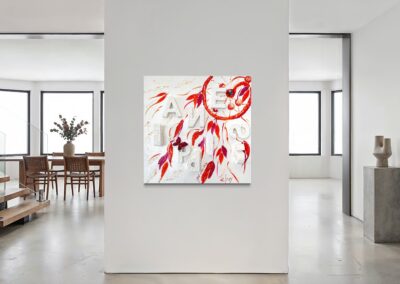 HAPPINESS by K-NY installed in a contemporary interior. A mixed-media artwork from the INNER FIRE cluster exploring joy as an internal state rather than an external event. The composition combines layered textures, handwritten elements and subtle three-dimensional structures. By day, the work appears light, open and atmospheric; by night, photoluminescent elements reveal a second perceptual reality.