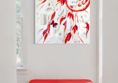 HAPPINESS by K-NY installed in a contemporary interior. A mixed-media artwork from the INNER FIRE cluster exploring joy as an internal state rather than an external event. The composition combines layered textures, handwritten elements and subtle three-dimensional structures. By day, the work appears light, open and atmospheric; by night, photoluminescent elements reveal a second perceptual reality.