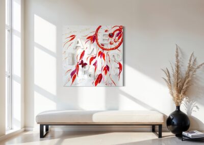 HAPPINESS by K-NY installed in a contemporary interior. A mixed-media artwork from the INNER FIRE cluster exploring joy as an internal state rather than an external event. The composition combines layered textures, handwritten elements and subtle three-dimensional structures. By day, the work appears light, open and atmospheric; by night, photoluminescent elements reveal a second perceptual reality.