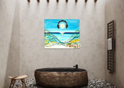 IBIZA SOUND by K-NY transforms a minimalist spa-inspired bathroom into an atmosphere of Mediterranean calm. The artwork combines music, light, and the Ibiza lifestyle, creating a space where relaxation becomes a state of mind.