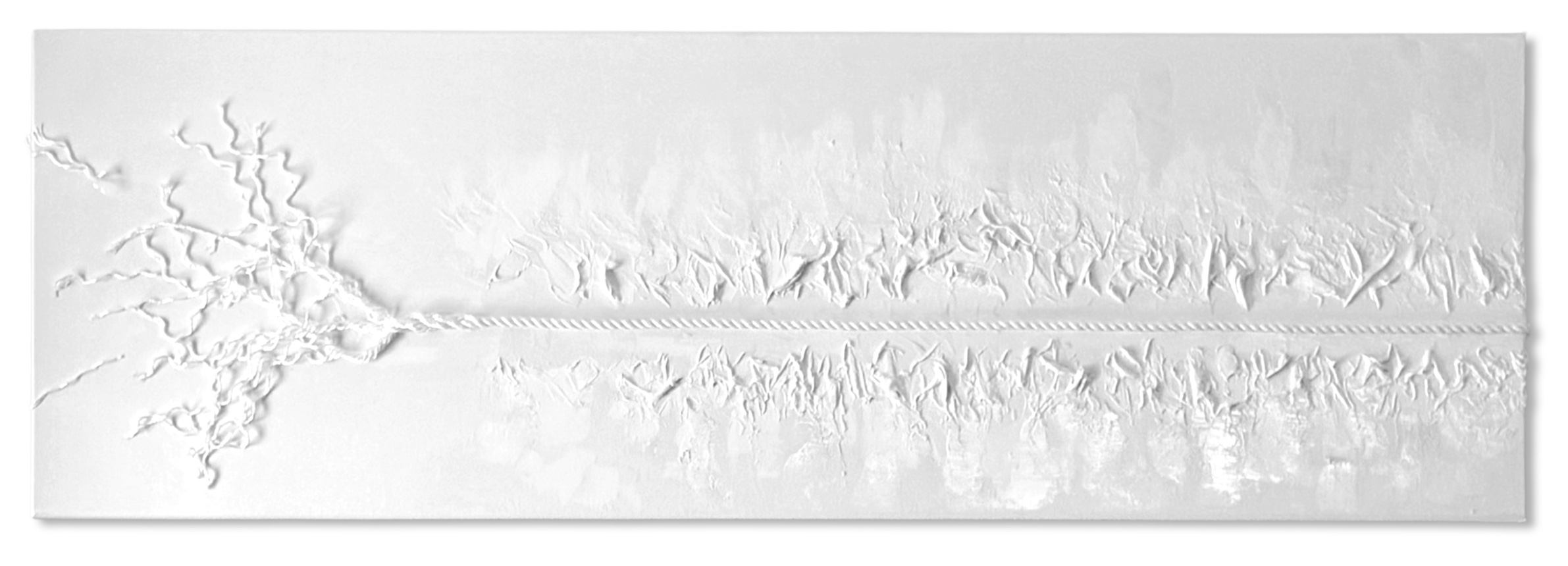 THE RED THREAD by K-NY — monochrome mixed-media artwork featuring a fragmented white rope structure transforming into a clear horizontal line within a minimal spatial composition.