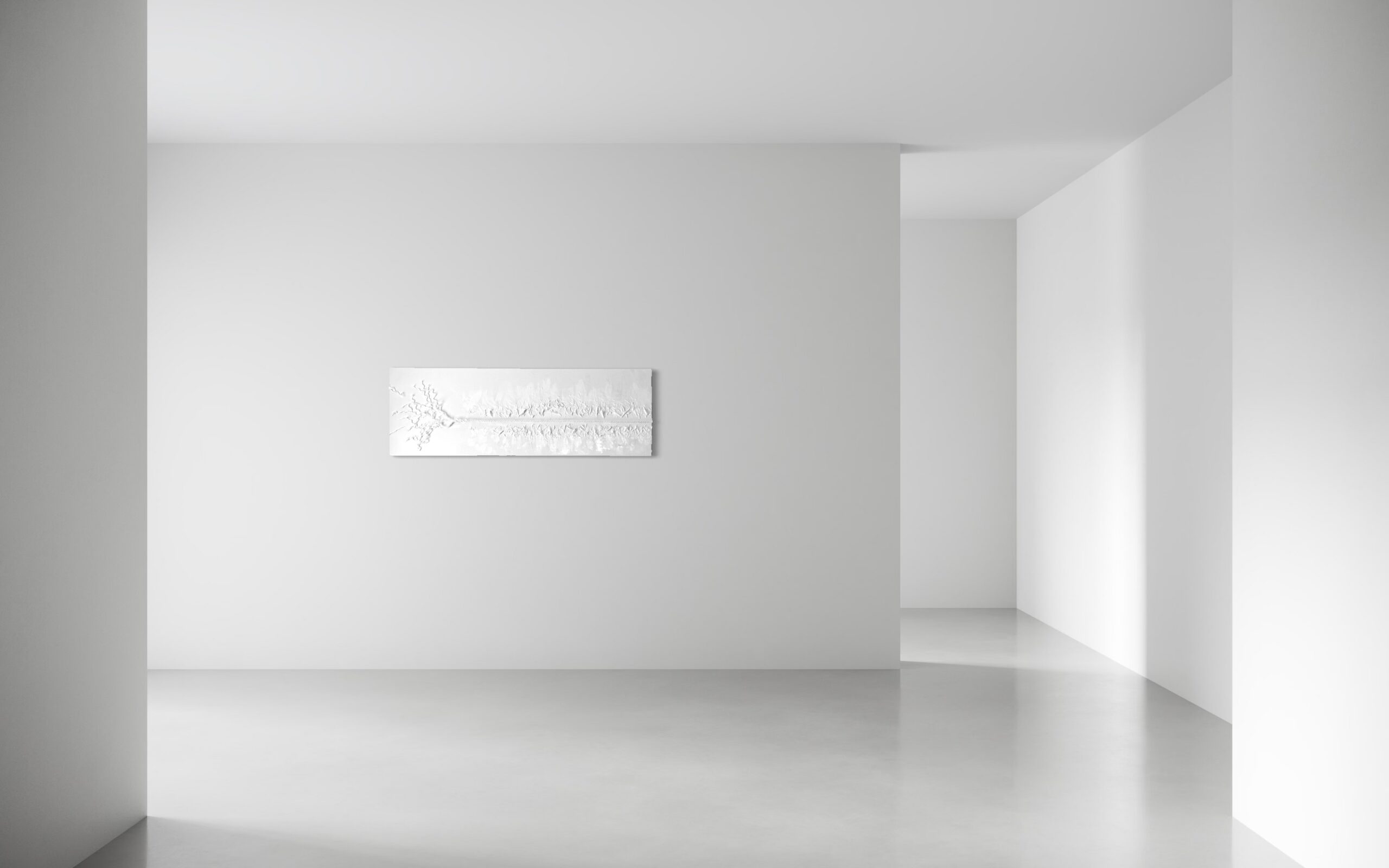 THE RED THREAD by K-NY installed in gallery space — minimalist monochrome artwork featuring a fragmented white structural line between tension, awareness, and directional movement.