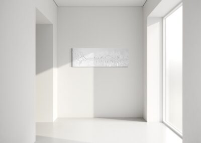 THE RED THREAD by K-NY installed in gallery space — minimalist monochrome artwork featuring a fragmented white structural line between tension, awareness, and directional movement.