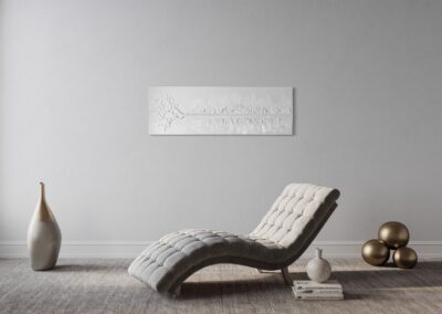 THE RED THREAD by K-NY in interior space — large-scale monochrome mixed-media work with white linear structure creating psychological tension, orientation, and spatial calm.