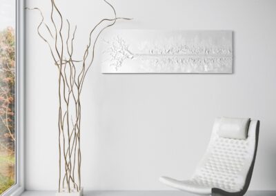 THE RED THREAD by K-NY in interior space — large-scale monochrome mixed-media work with white linear structure creating psychological tension, orientation, and spatial calm.