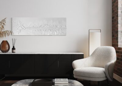 THE RED THREAD by K-NY in interior space — large-scale monochrome mixed-media work with white linear structure creating psychological tension, orientation, and spatial calm.