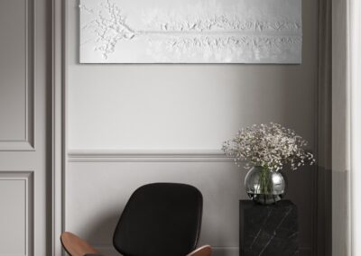 THE RED THREAD by K-NY in interior space — large-scale monochrome mixed-media work with white linear structure creating psychological tension, orientation, and spatial calm.