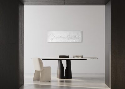 THE RED THREAD by K-NY in interior space — large-scale monochrome mixed-media work with white linear structure creating psychological tension, orientation, and spatial calm.