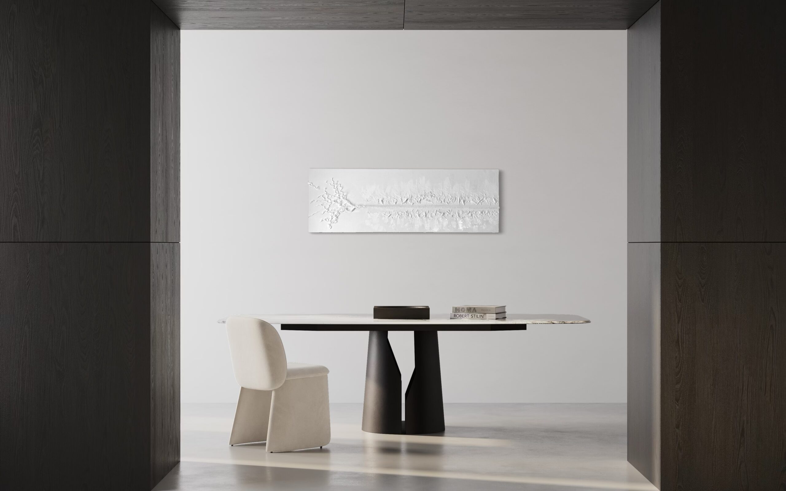 THE RED THREAD by K-NY in interior space — large-scale monochrome mixed-media work with white linear structure creating psychological tension, orientation, and spatial calm.