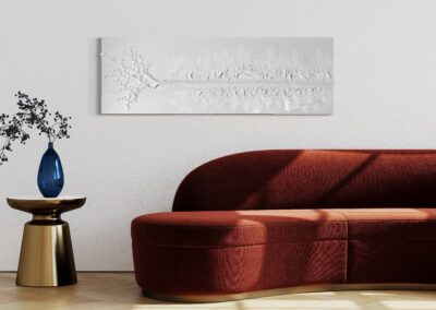 THE RED THREAD by K-NY in interior space — large-scale monochrome mixed-media work with white linear structure creating psychological tension, orientation, and spatial calm.