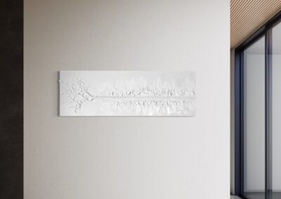 THE RED THREAD by K-NY in interior space — large-scale monochrome mixed-media work with white linear structure creating psychological tension, orientation, and spatial calm.