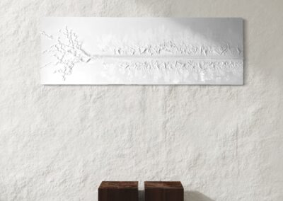 THE RED THREAD by K-NY in interior space — large-scale monochrome mixed-media work with white linear structure creating psychological tension, orientation, and spatial calm.