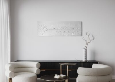 THE RED THREAD by K-NY in interior space — large-scale monochrome mixed-media work with white linear structure creating psychological tension, orientation, and spatial calm.