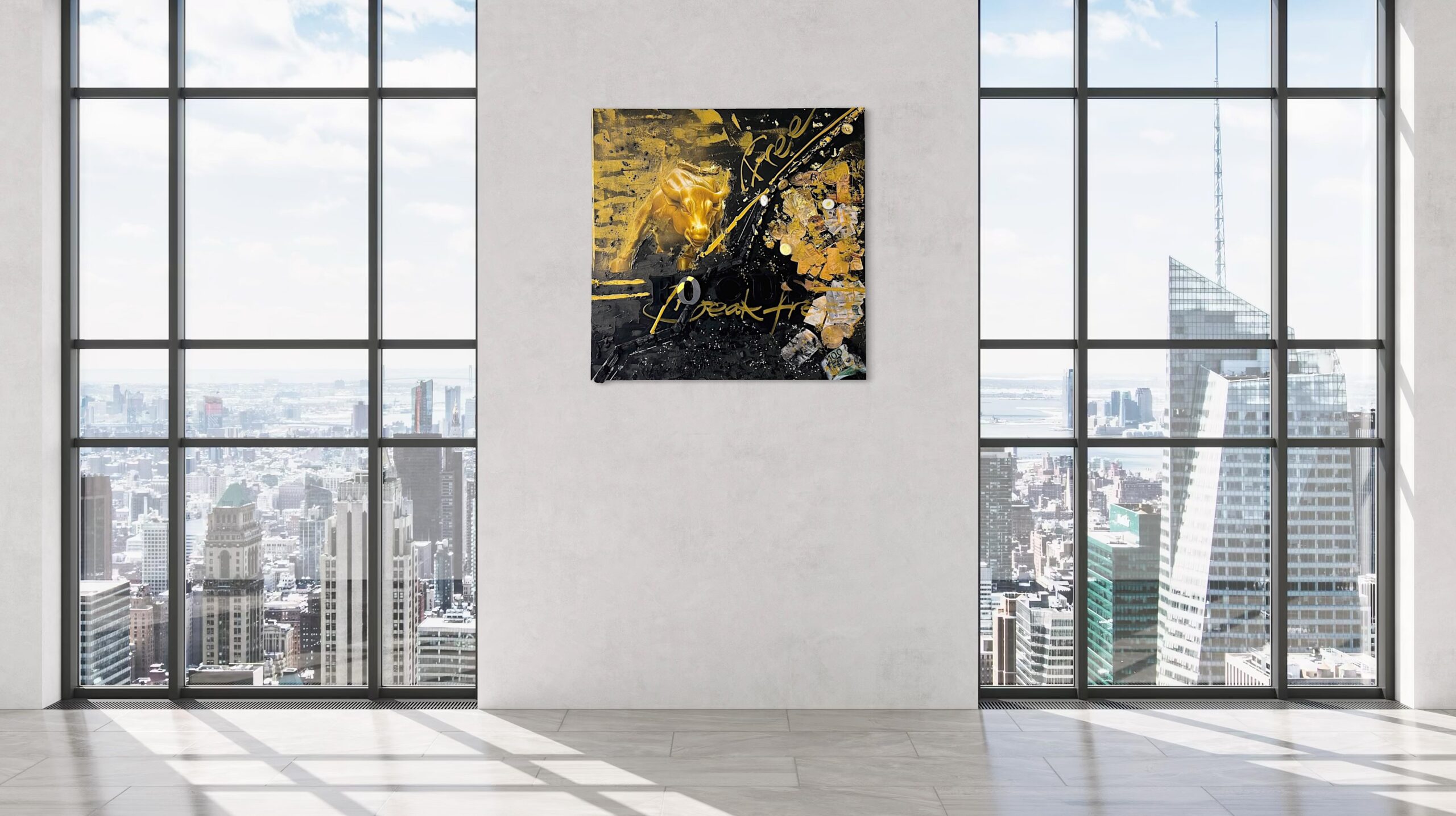 BREAK FREE by K-NY — photoluminescent conceptual artwork in spatial context, dual-spectrum composition interacting with light and architecture.